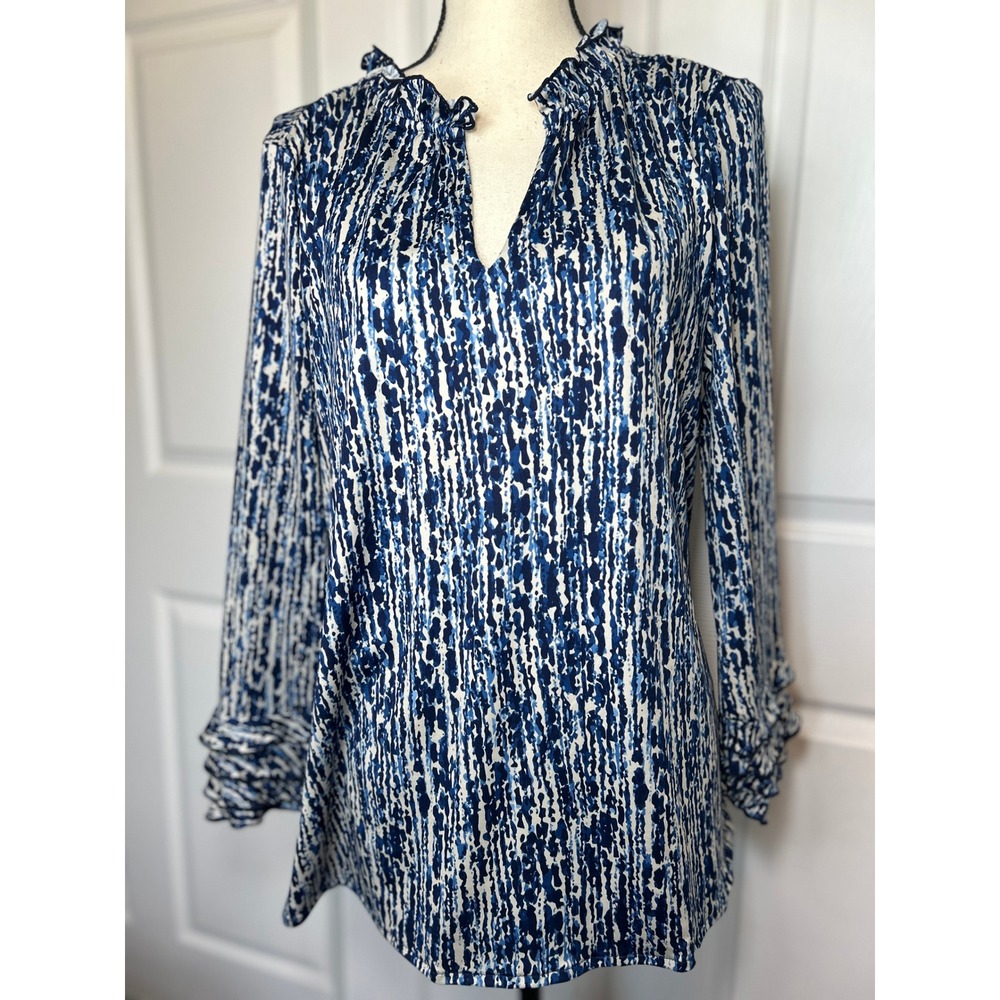 La Mer Luxe Women's Blue White Abstract Print Long Sleeve‎ Ruffle Neck Top Large